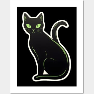 Mysterious Black Cat with Piercing Green Eyes Posters and Art